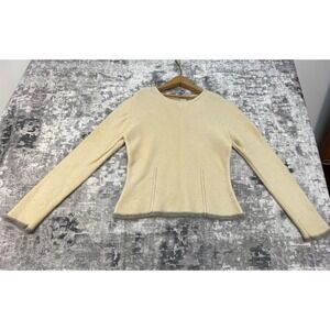 Eddie Bauer Womens M Sweater Pullover Solid Cream Grey Trim Lambswool Crew Neck